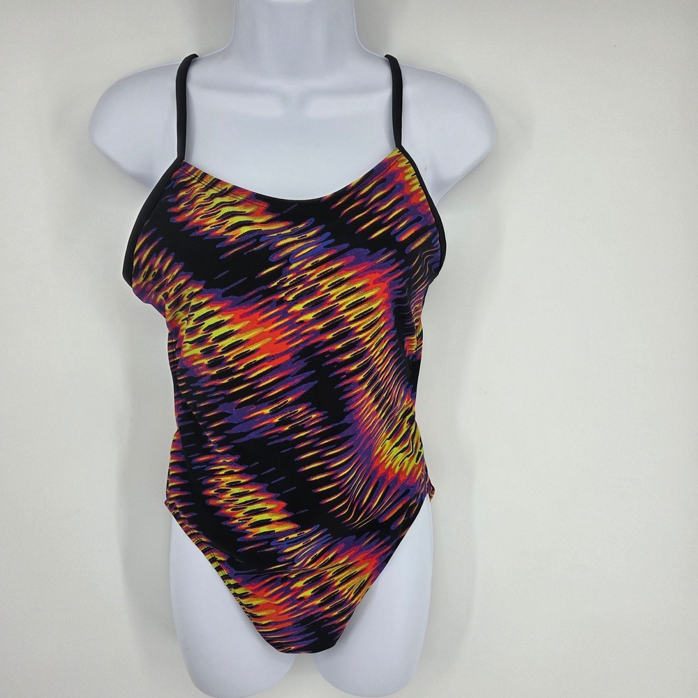 TYR Womens One Piece Swimsuit Size 36 L Black Multicolor Abstract Print Athletic